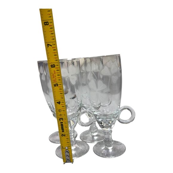 Etched Glass Irish Coffee Mugs Four Leaf Clover Design Finger Handle Set Of 4 - Picture 5 of 8